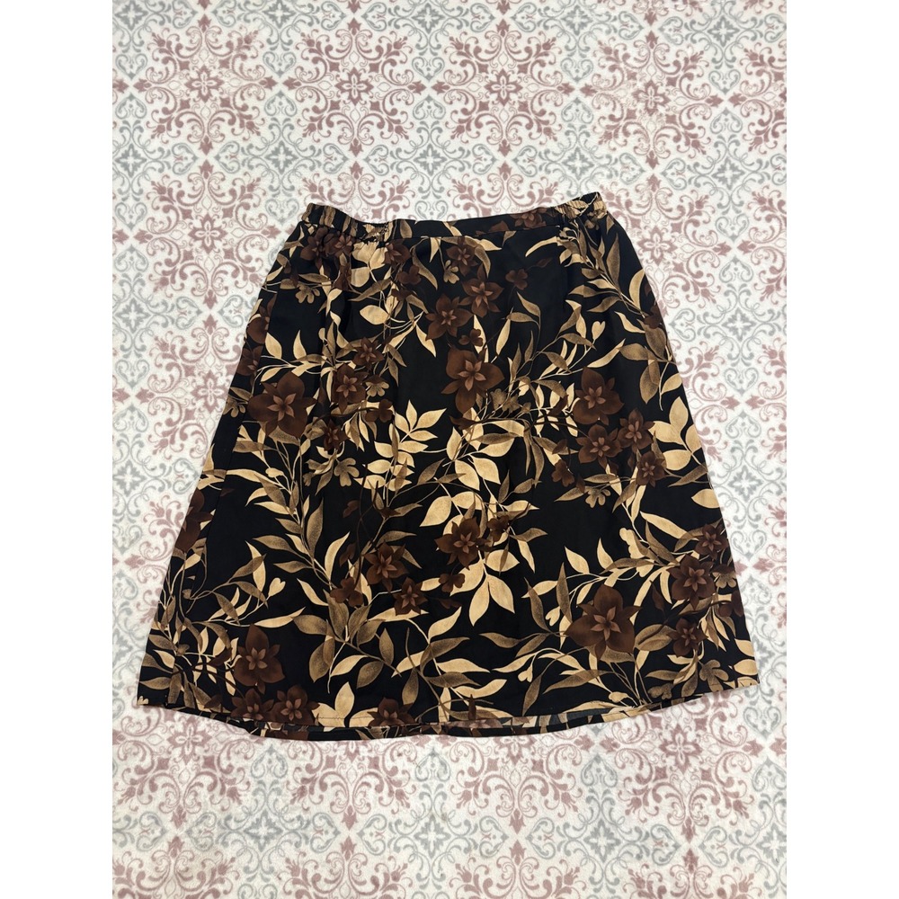 Laura Scott Woman Floral Midi Skirt Black Brown Elastic Waist A-Line Size 18W